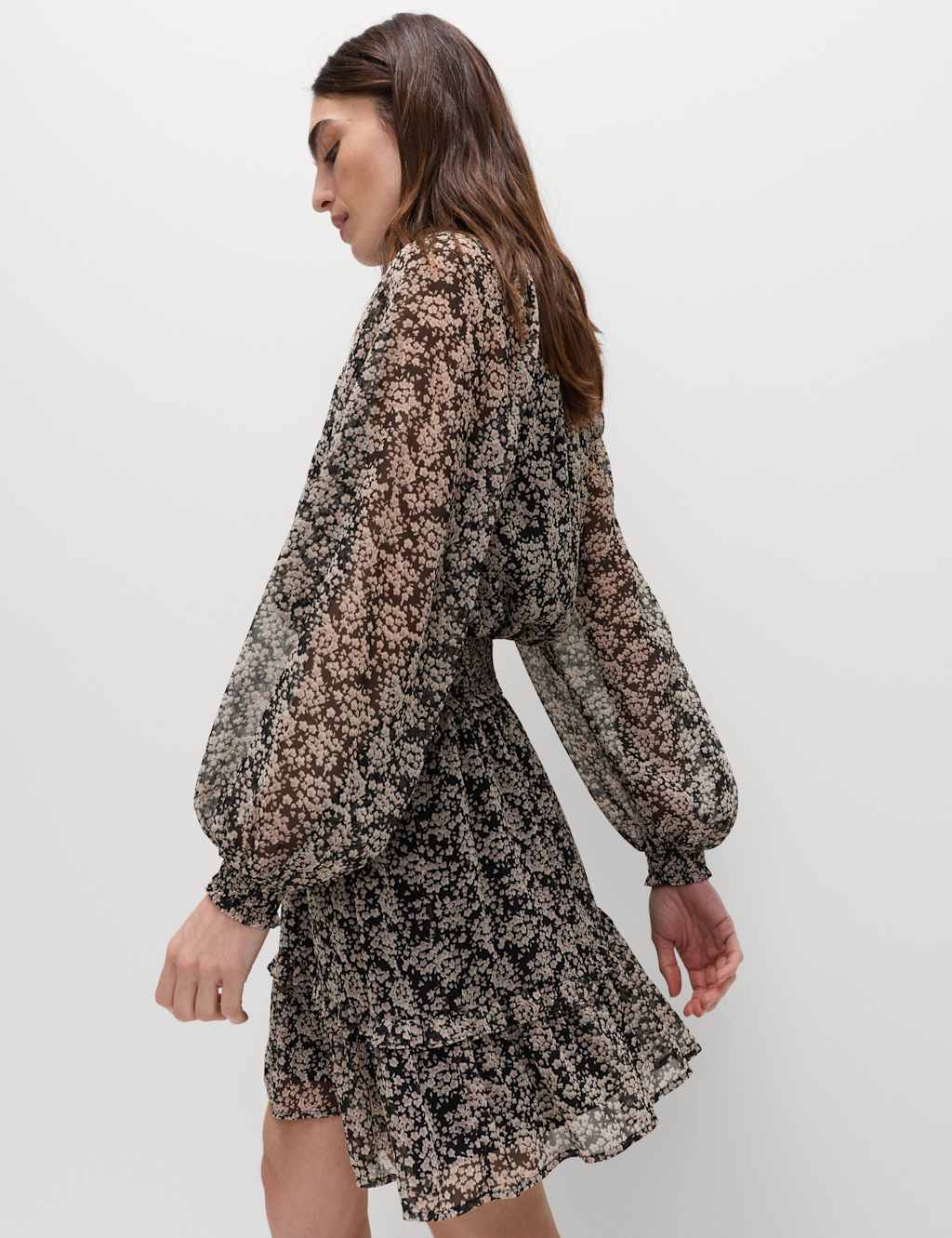 M&S Chiffon Floral Tie Neck Mini Waisted Dress Black Mix