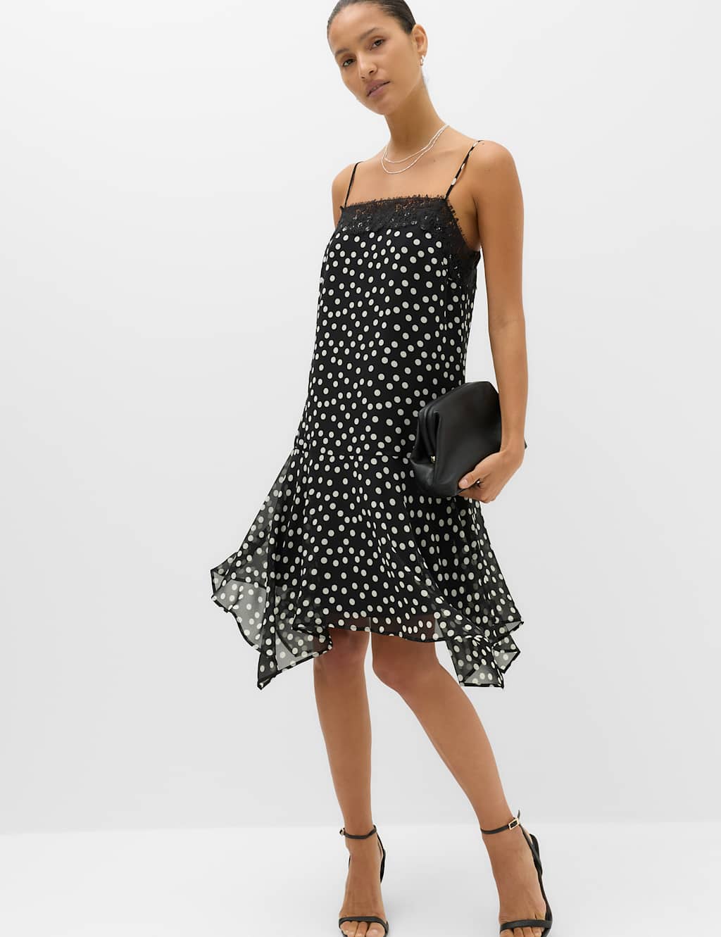 M&S Women's Polka Dot Lace Detail Mini Slip Dress - 16 - Black Mix