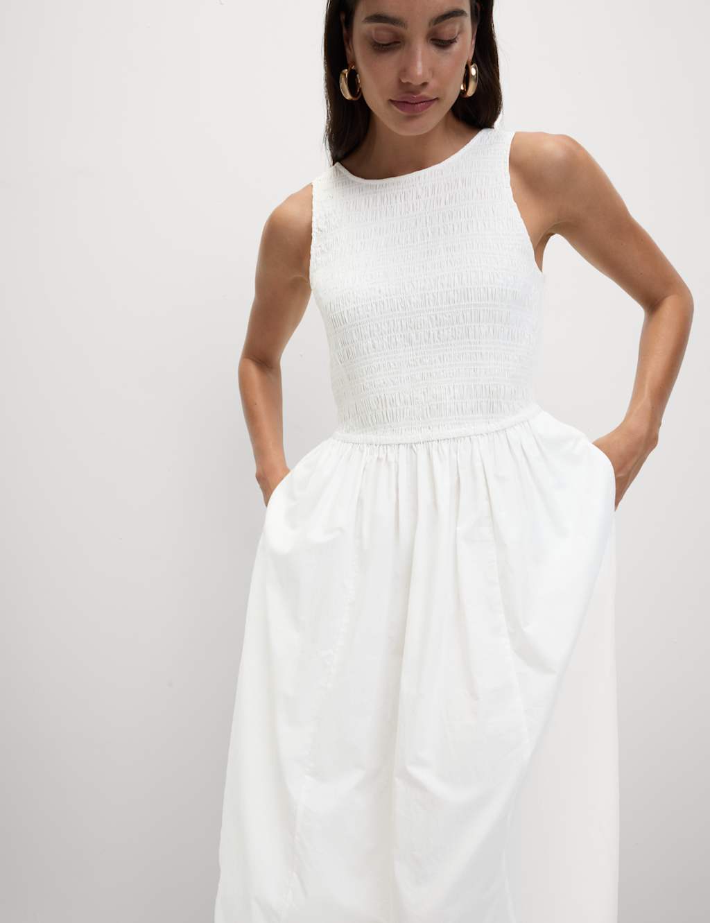 M&S Pure Cotton Shirred Waisted Maxi Dress White