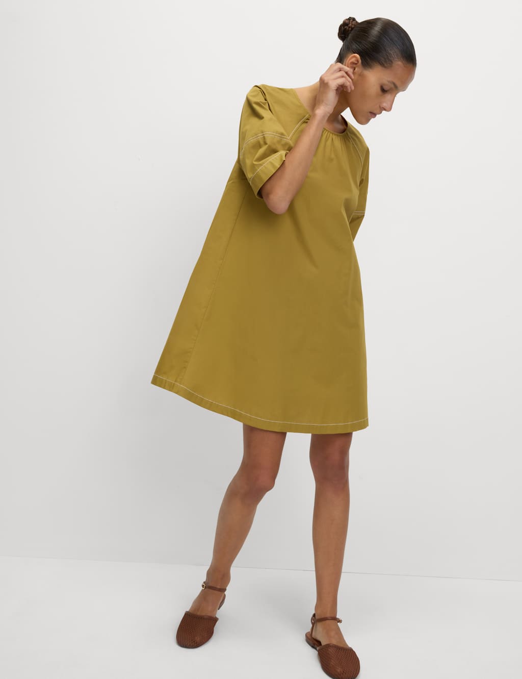 M&S Pure Cotton Mini Relaxed Shift Dress Olive
