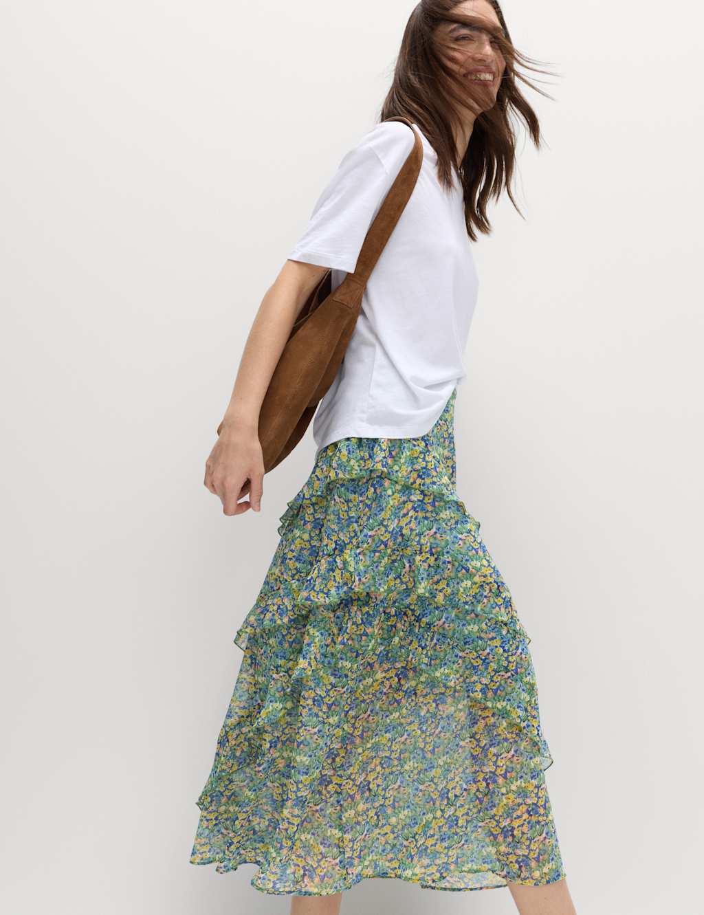 M&S Women's Floral Ruffle Midi Tiered Skirt - 20 - Multi