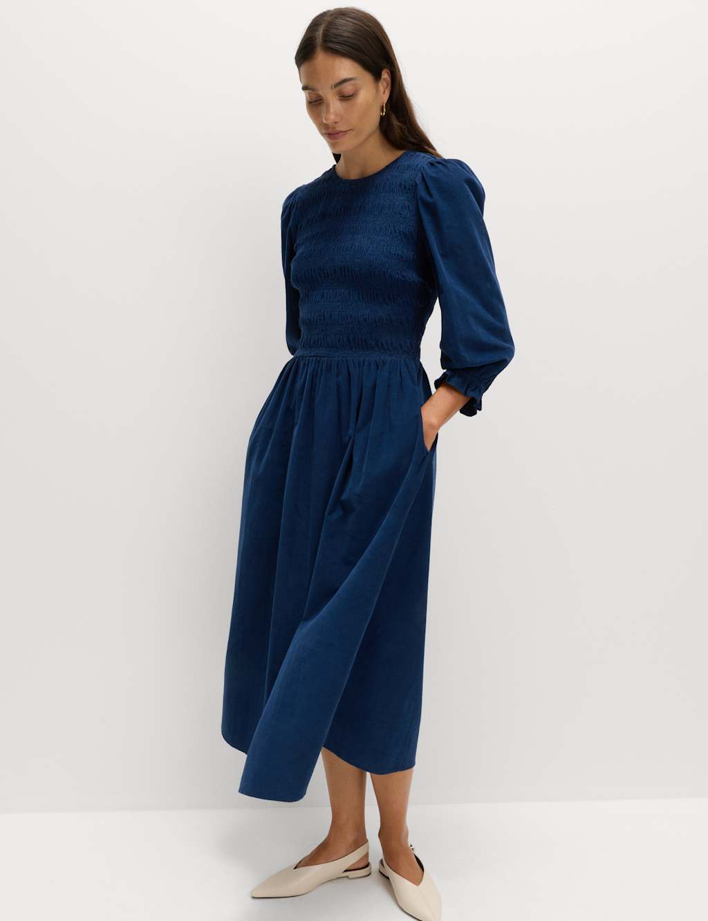 M&S Corduroy Midi Shirred Waisted Dress Midnight Navy
