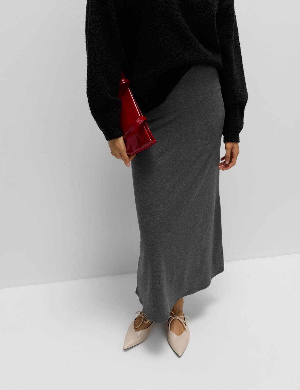 M&S Jersey Seam Detail Midi A-Line Skirt Dark Pewter