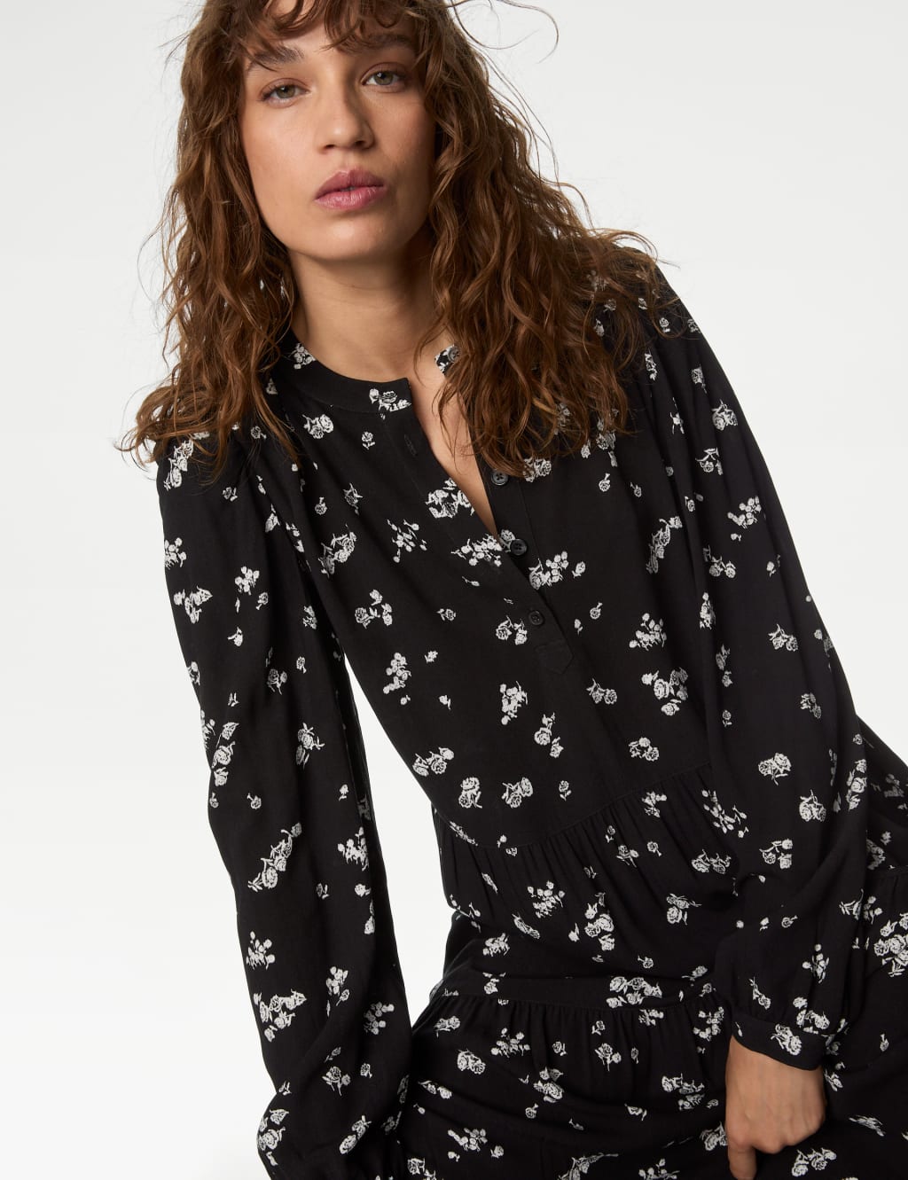 M&S Printed Round Neck Midi Tiered Dress Black Mix