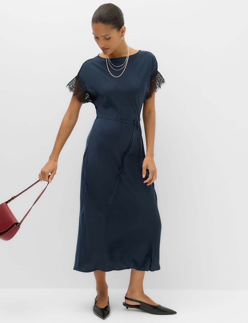 M&S Women's Satin Lace Insert Midi Waisted Dress - 16 - Navy Mix