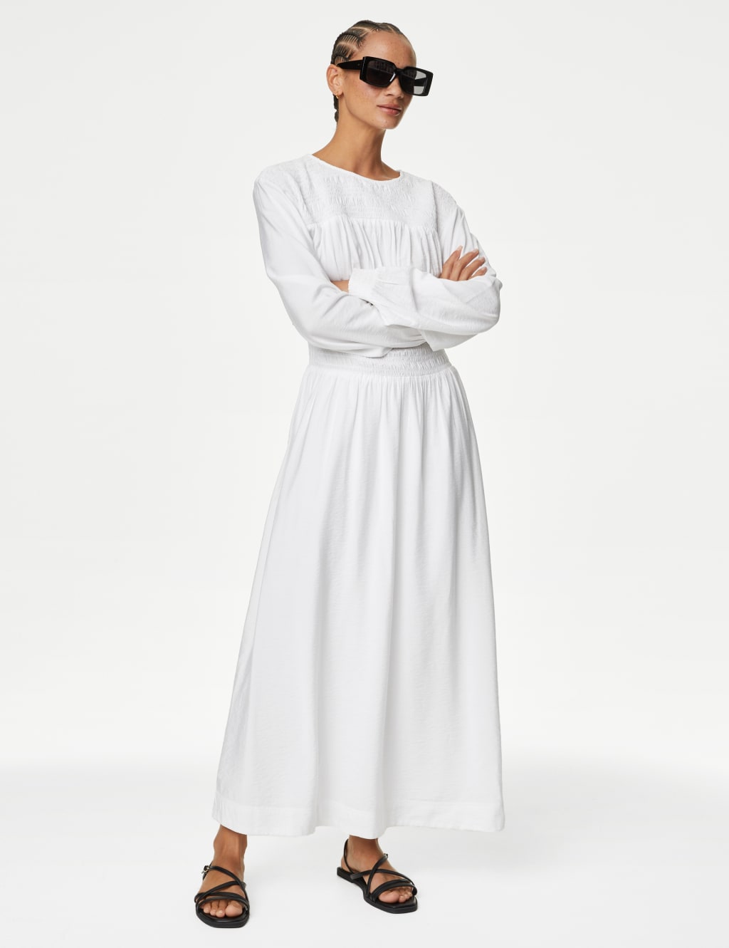 M&S Round Neck Ruched Midi Waisted Dress White