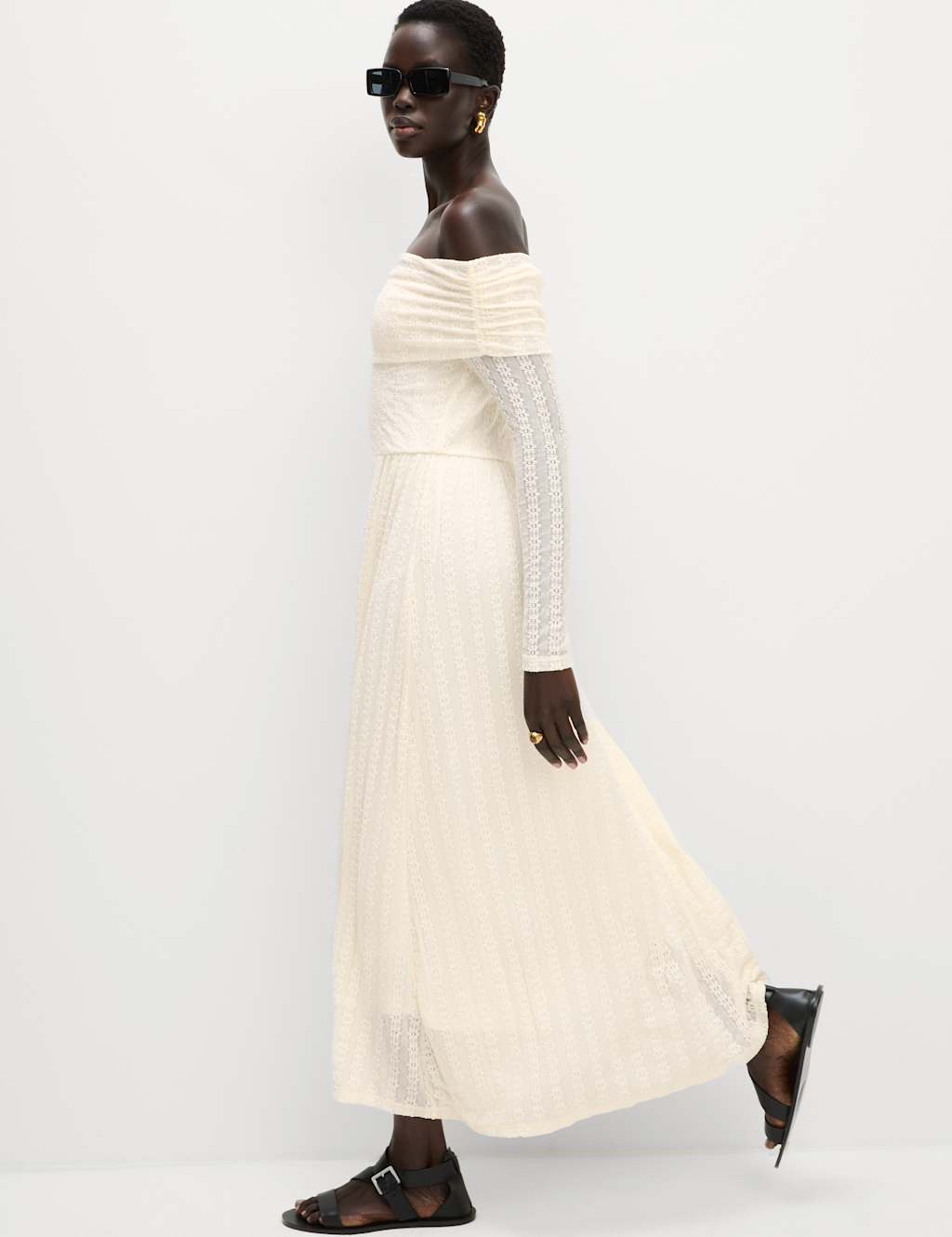 Jersey Lace Bardot Midi Waisted Dress