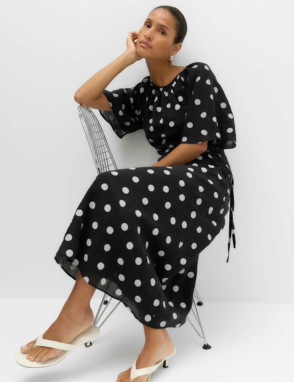 M&S Women's Lyocell Rich Polka Dot Midi Waisted Dress - 12 - Black Mix
