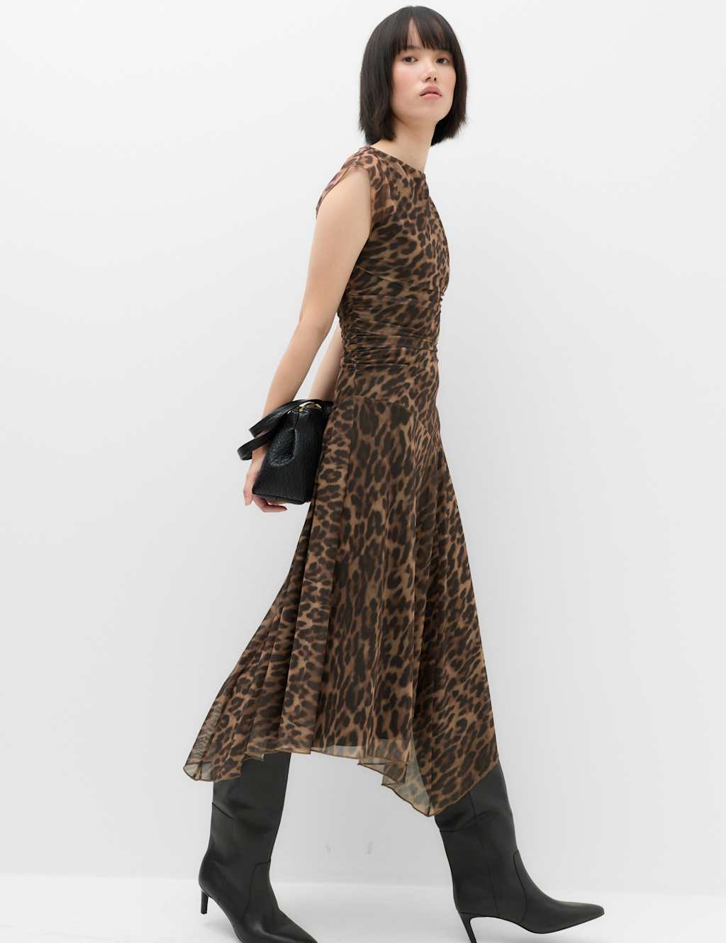M&S Women's Animal Print Mesh Draped Midi Waisted Dress - 18 - Brown Mix