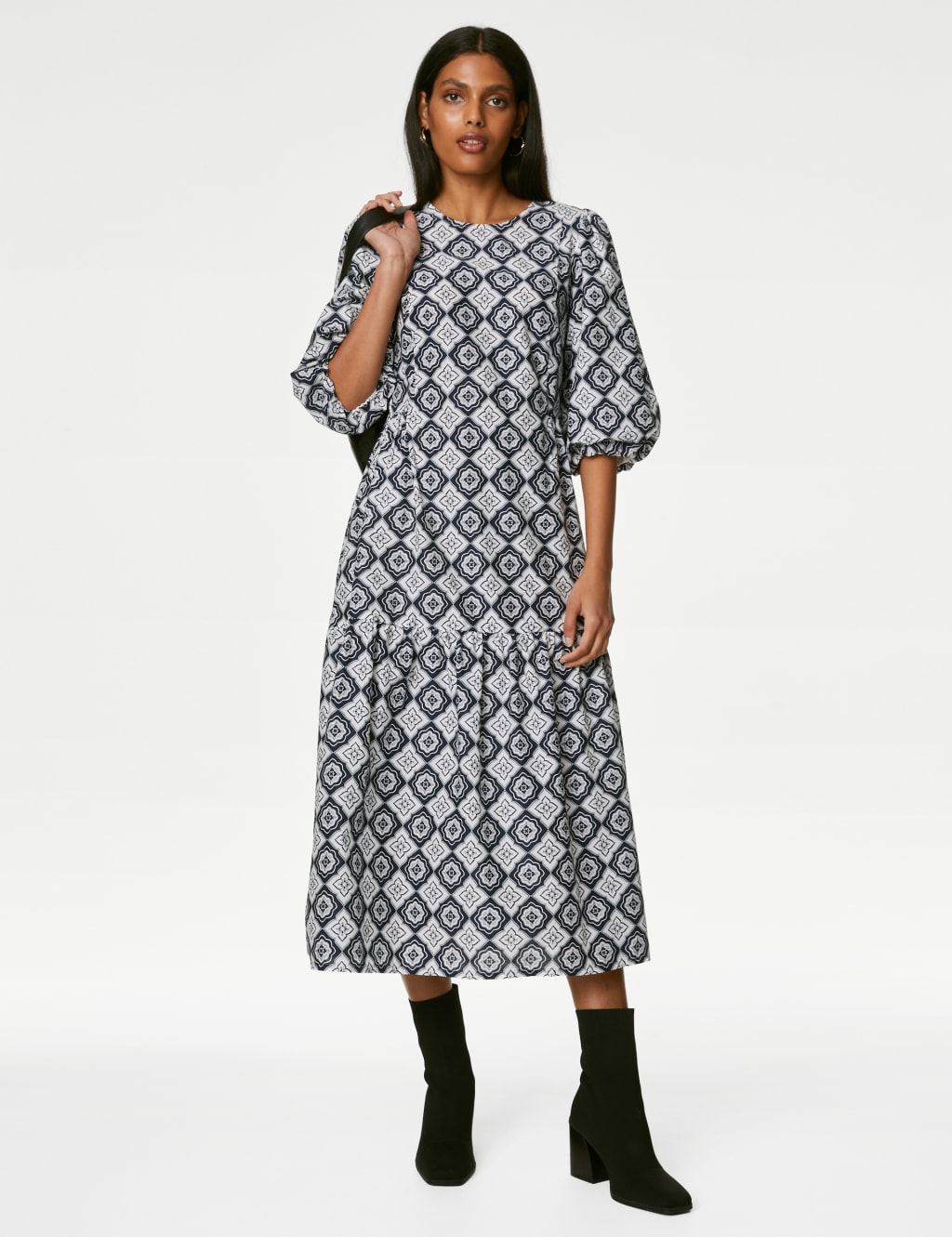 M&S Pure Cotton Printed Maxi Tiered Dress Navy