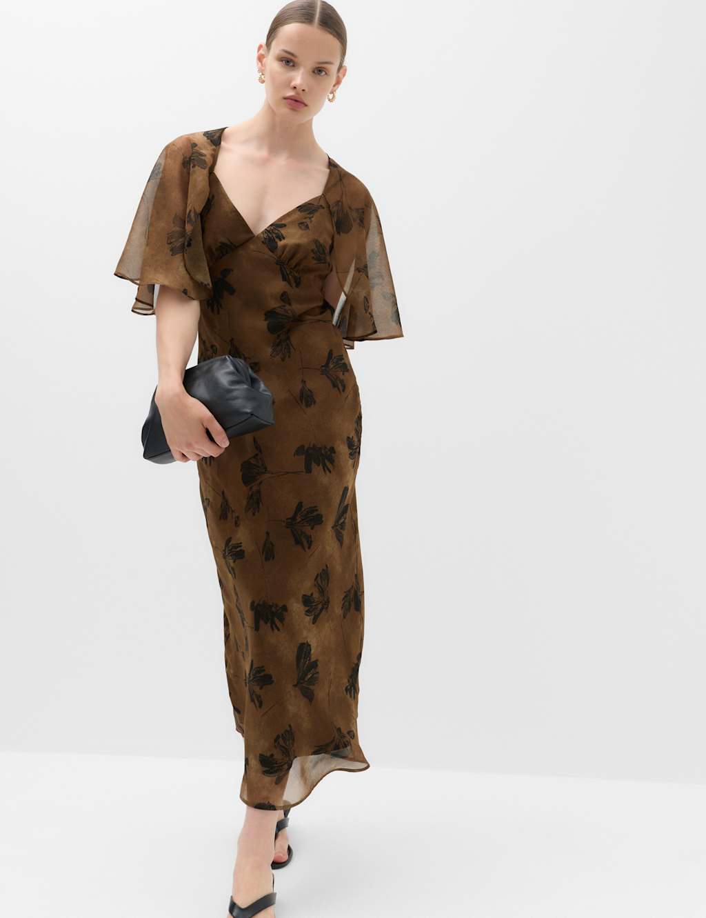 M&S Women's Floral Cape V-Neck Maxi Tea Dress - 14 - Brown Mix