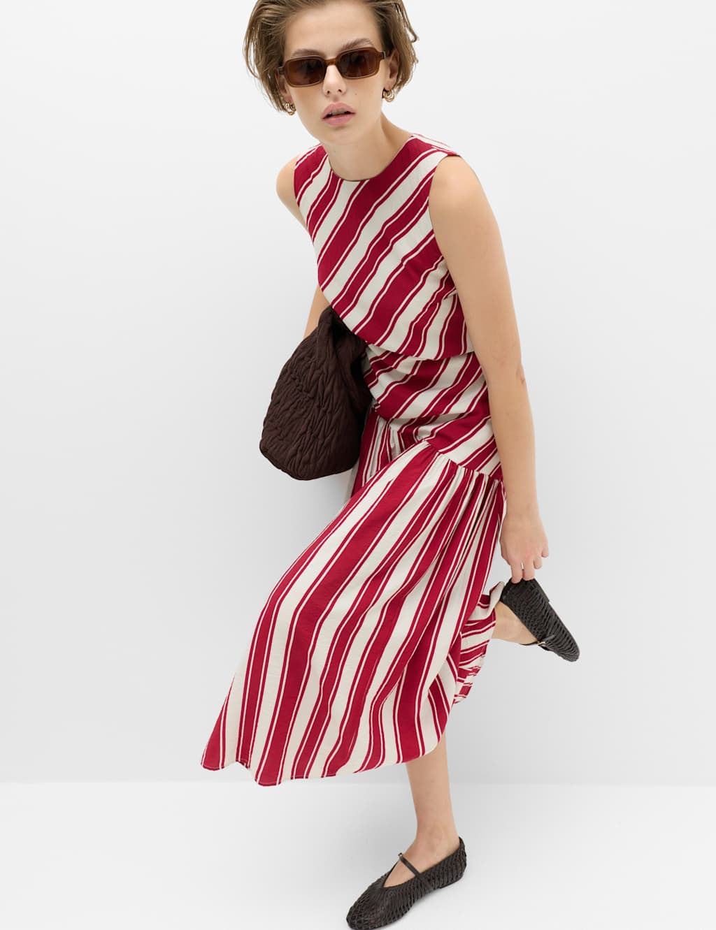 M&S Women's Striped Midaxi Drop Waist Dress - 10 - Red Mix