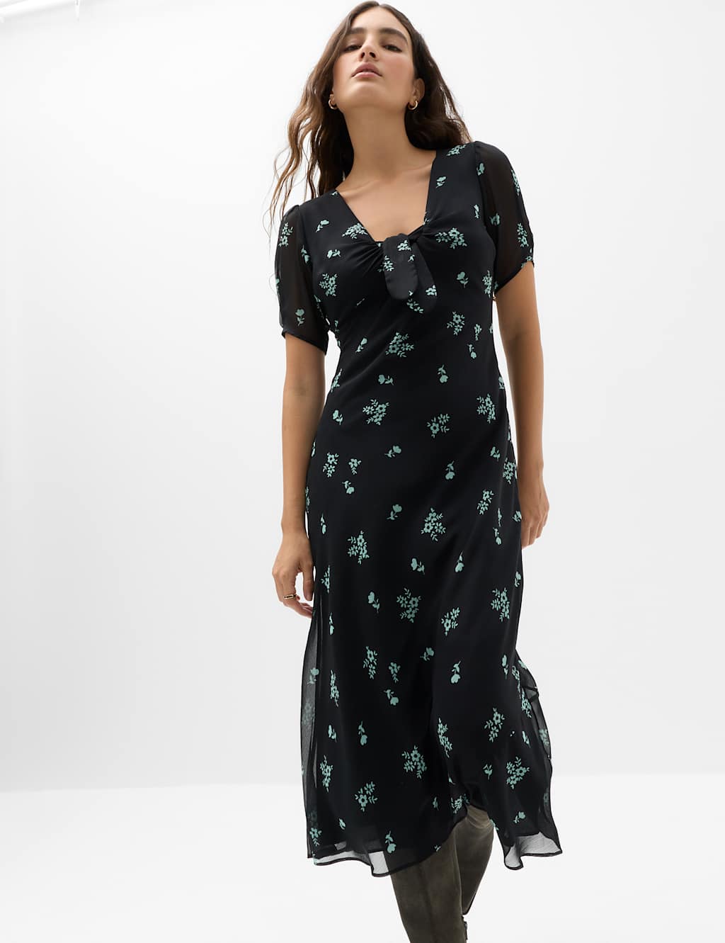 M&S Women's Floral Puff Sleeve Tie Detail Midaxi Tea Dress - 10 - Black Mix