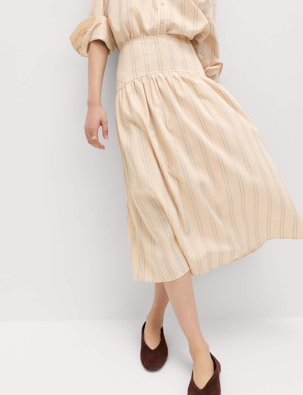 M&S Women's Striped Midaxi Circle Skirt With Cotton - 16 - Natural Mix