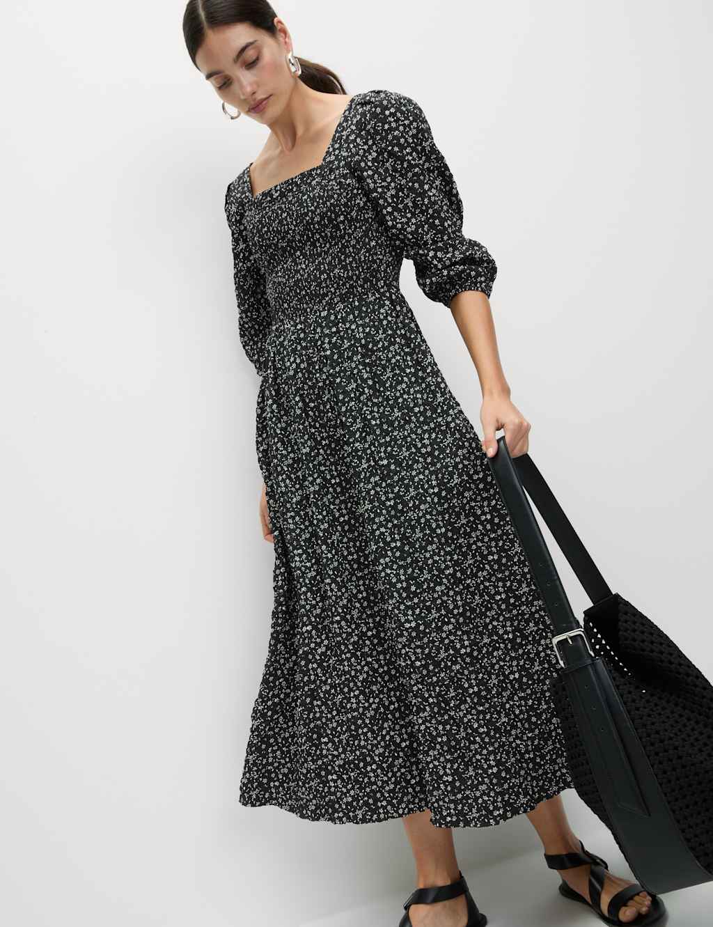 M&S Floral Square Neck Midi Waisted Dress Black Mix