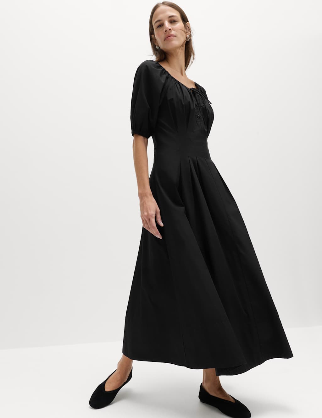 M&S Women's Pure Cotton Pleated Midi Waisted Tea Dress - 6 - Black