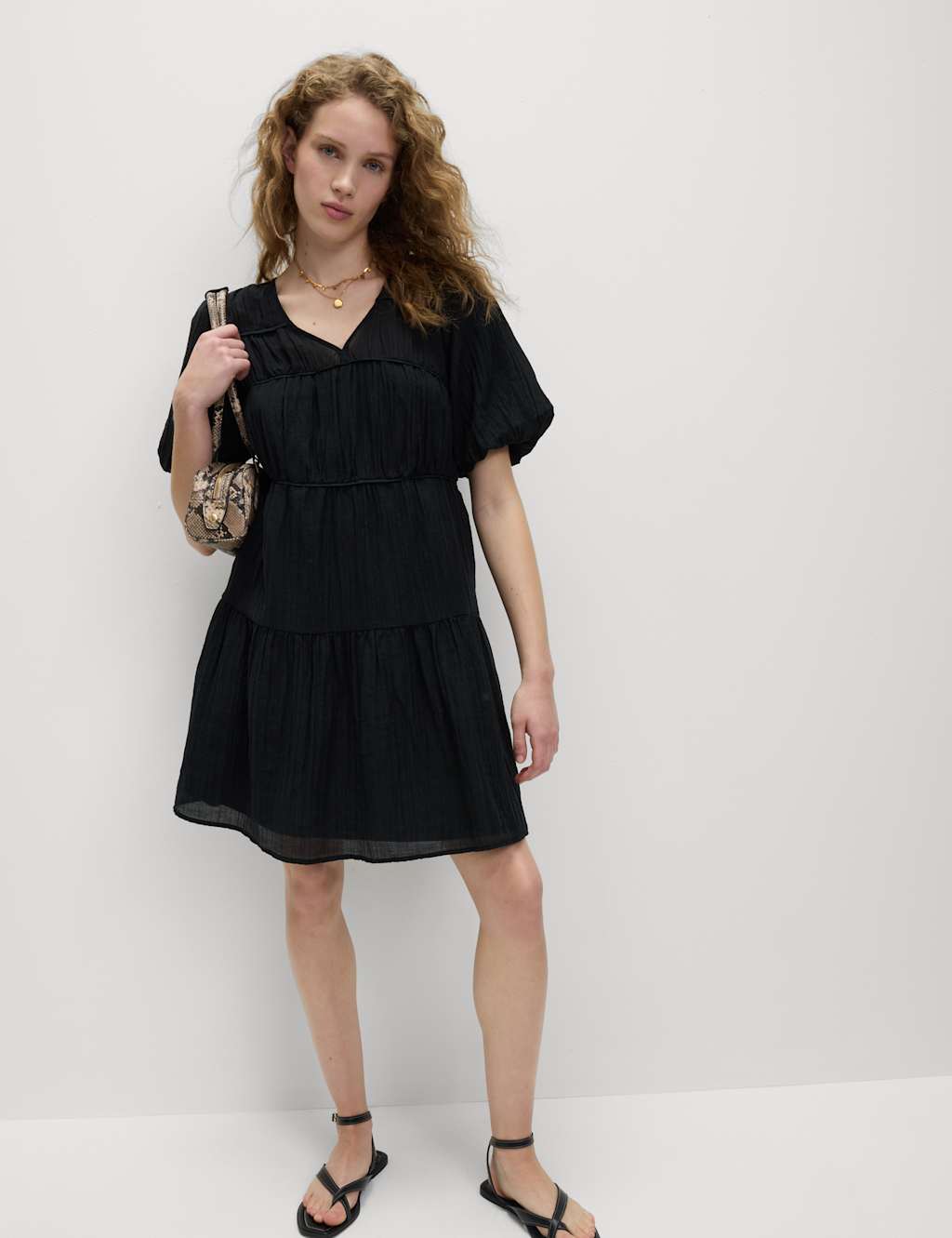 M&S Lyocell Rich V-Neck Mini Waisted Dress Black