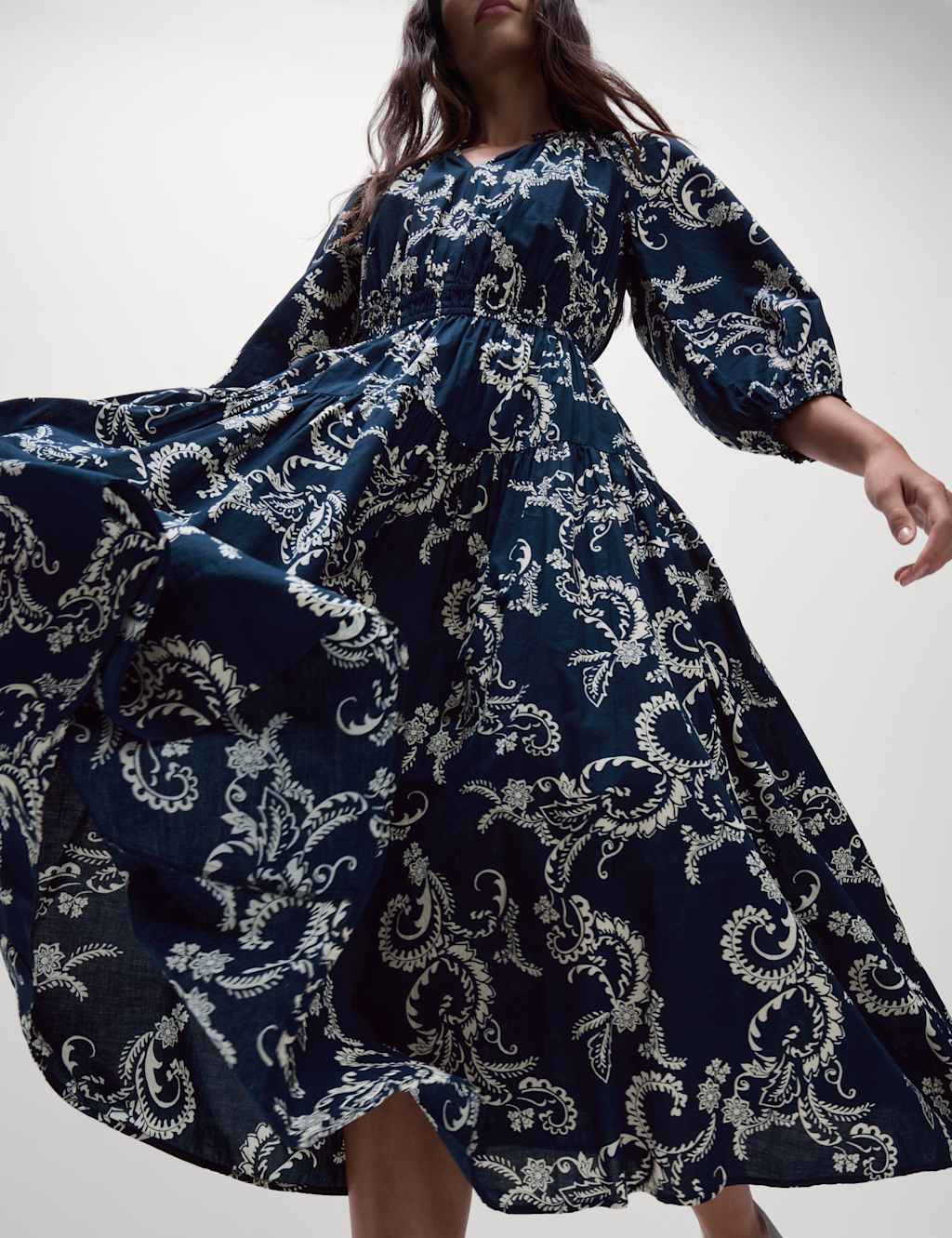 Pure Cotton Printed V-Neck Midi Waisted Dress