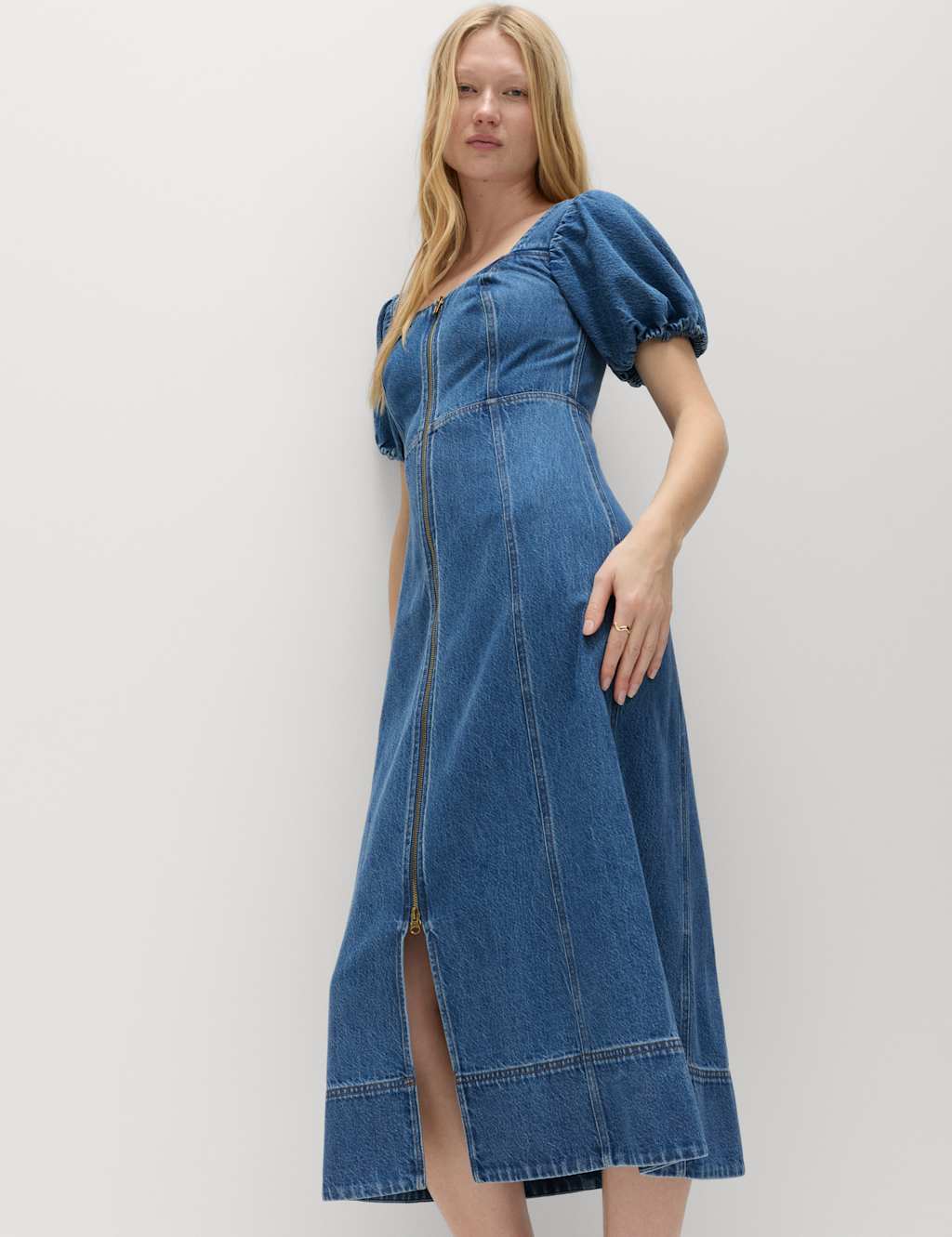 M&S Women's Denim Puff Sleeve Midi Waisted Dress - 12