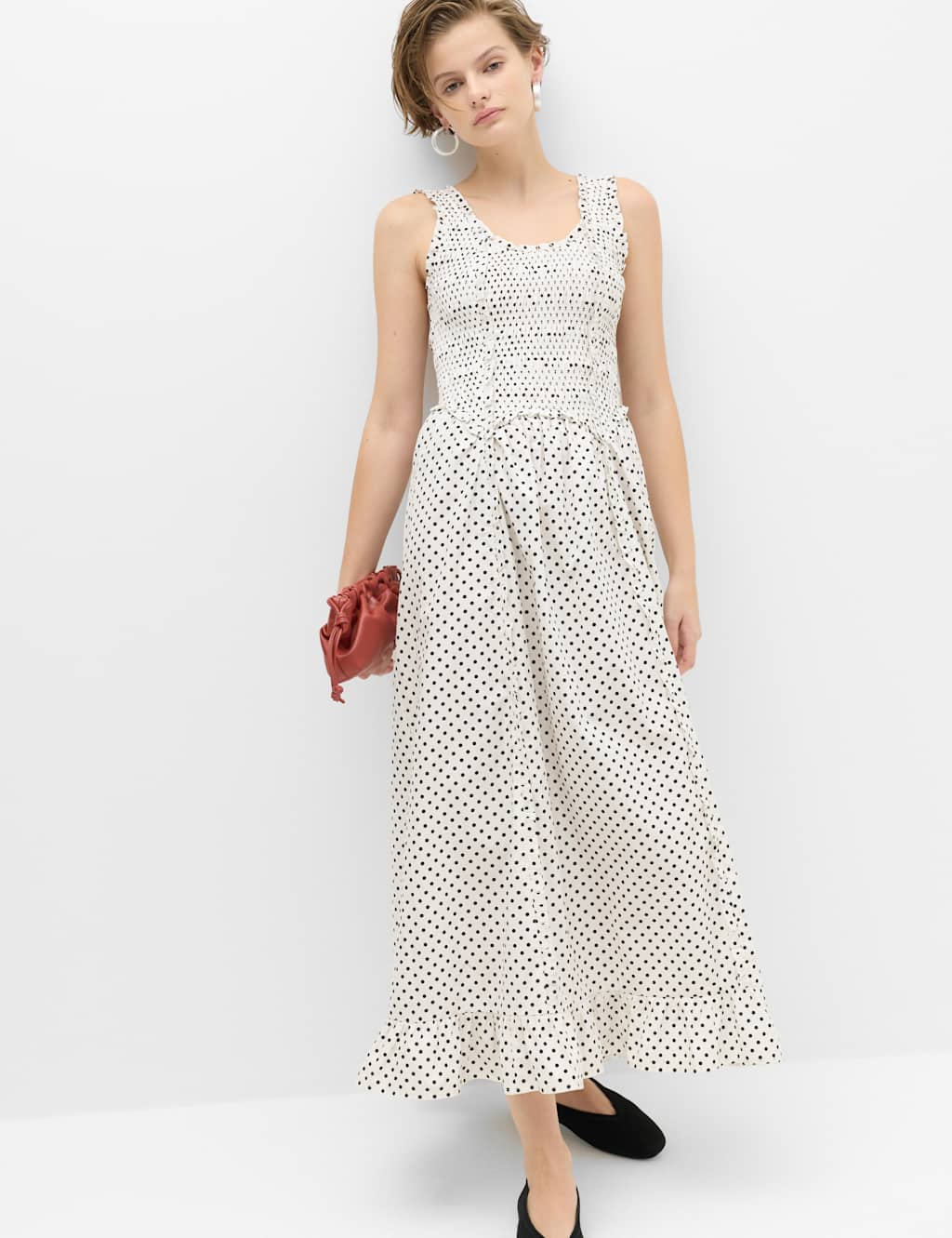 M&S Women's Pure Cotton Polka Dot Ruffle Midi Skater Dress - 12 - White Mix