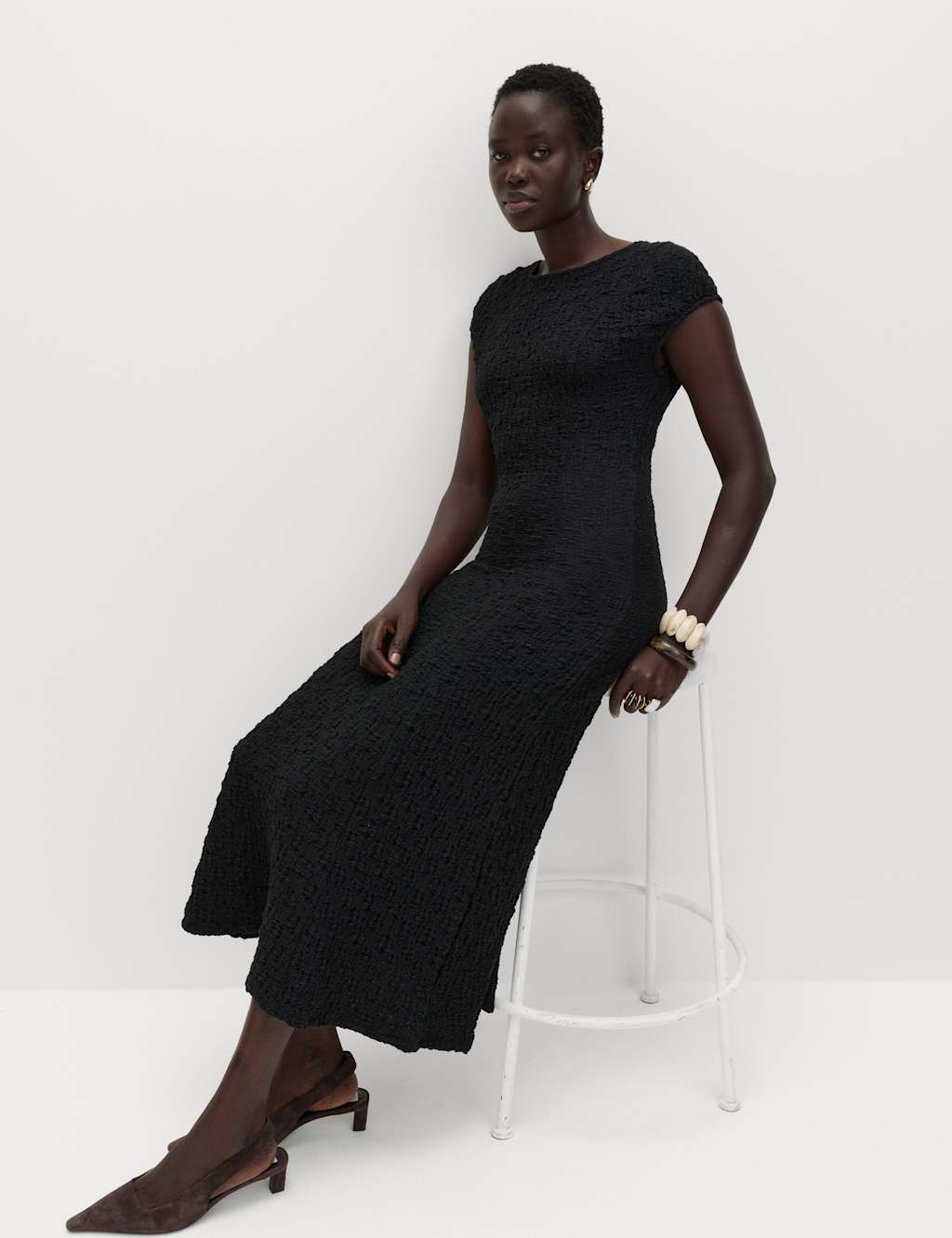M&S Women's Cotton Rich Textured Midi Skater Dress - 6 - Black