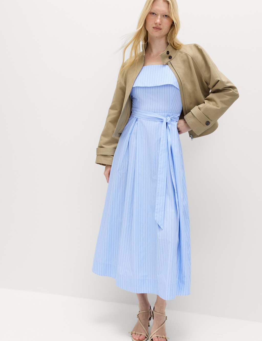 M&S Women's Pure Cotton Striped Midi Cami Dress - 12 - Blue Mix