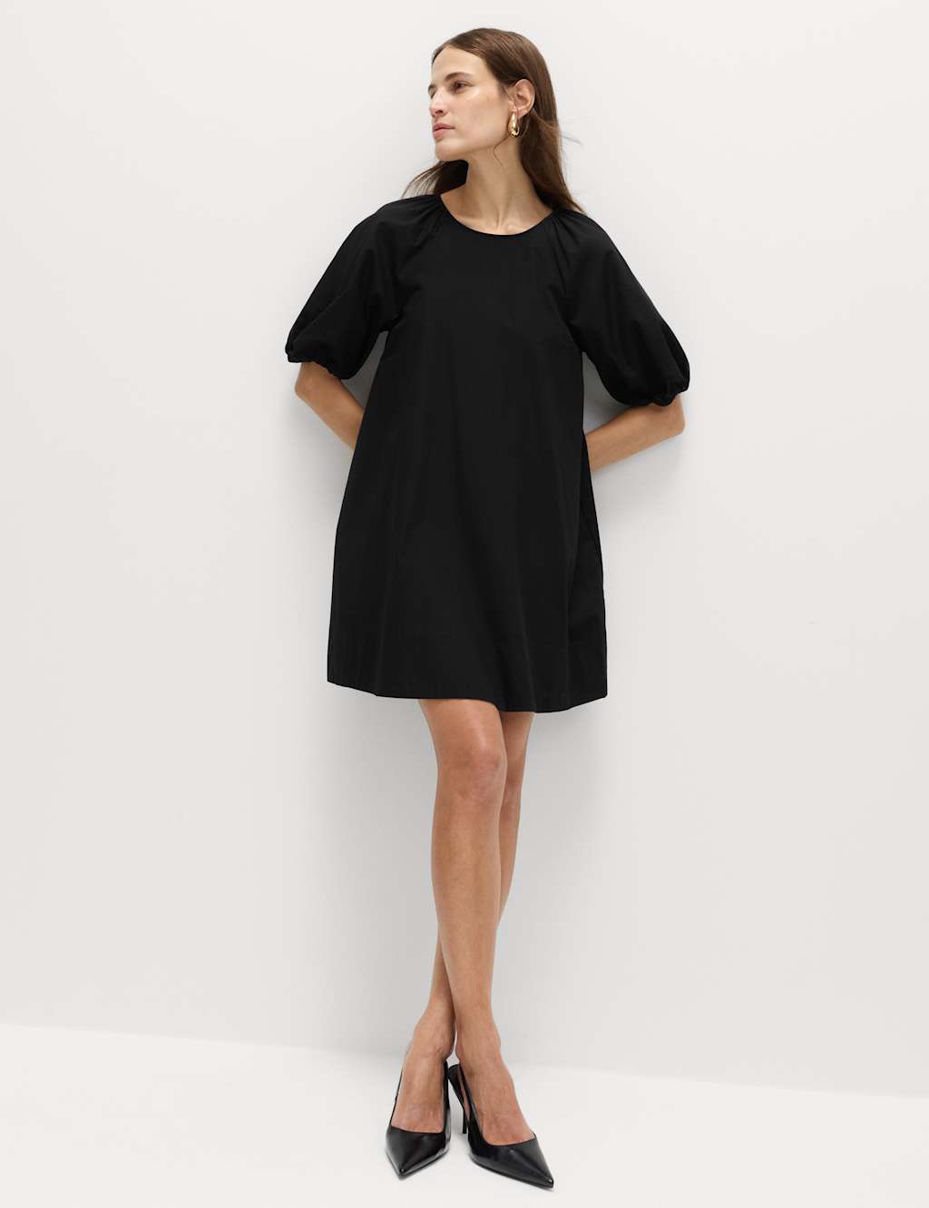M&S Women's Pure Cotton Puff Sleeve Mini Smock Dress - 12 - Black