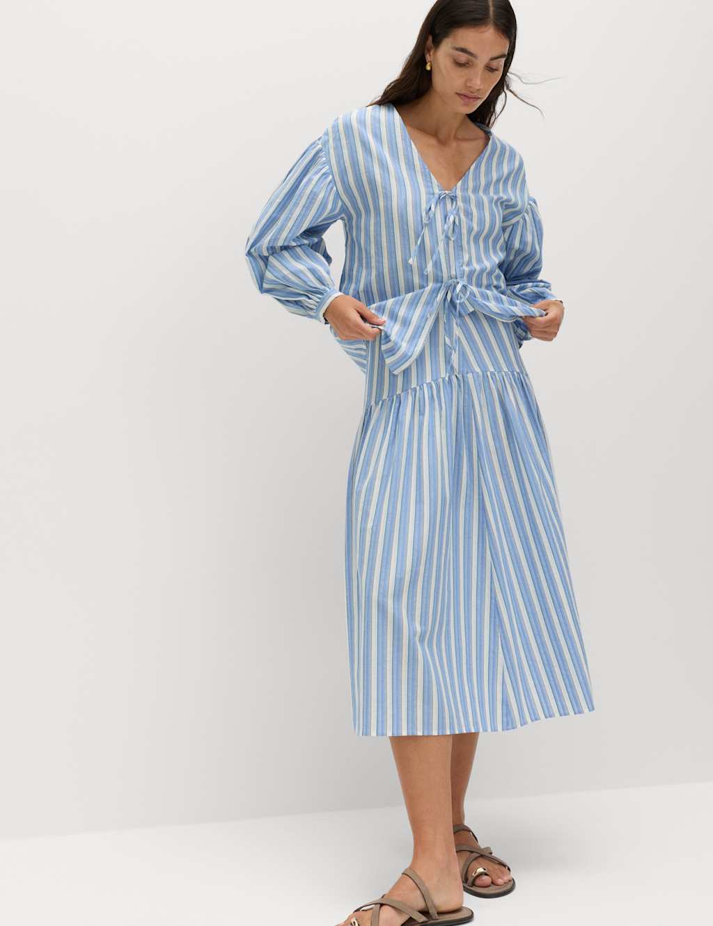 M&S Women's Pure Cotton Striped Midi Drop Waist Skirt - 12 - Blue Mix