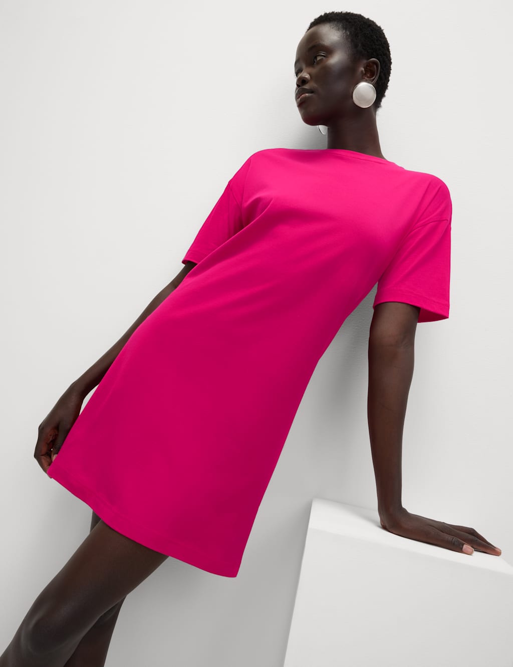 M&S Pure Cotton Mini Relaxed T-Shirt Dress Hot Pink