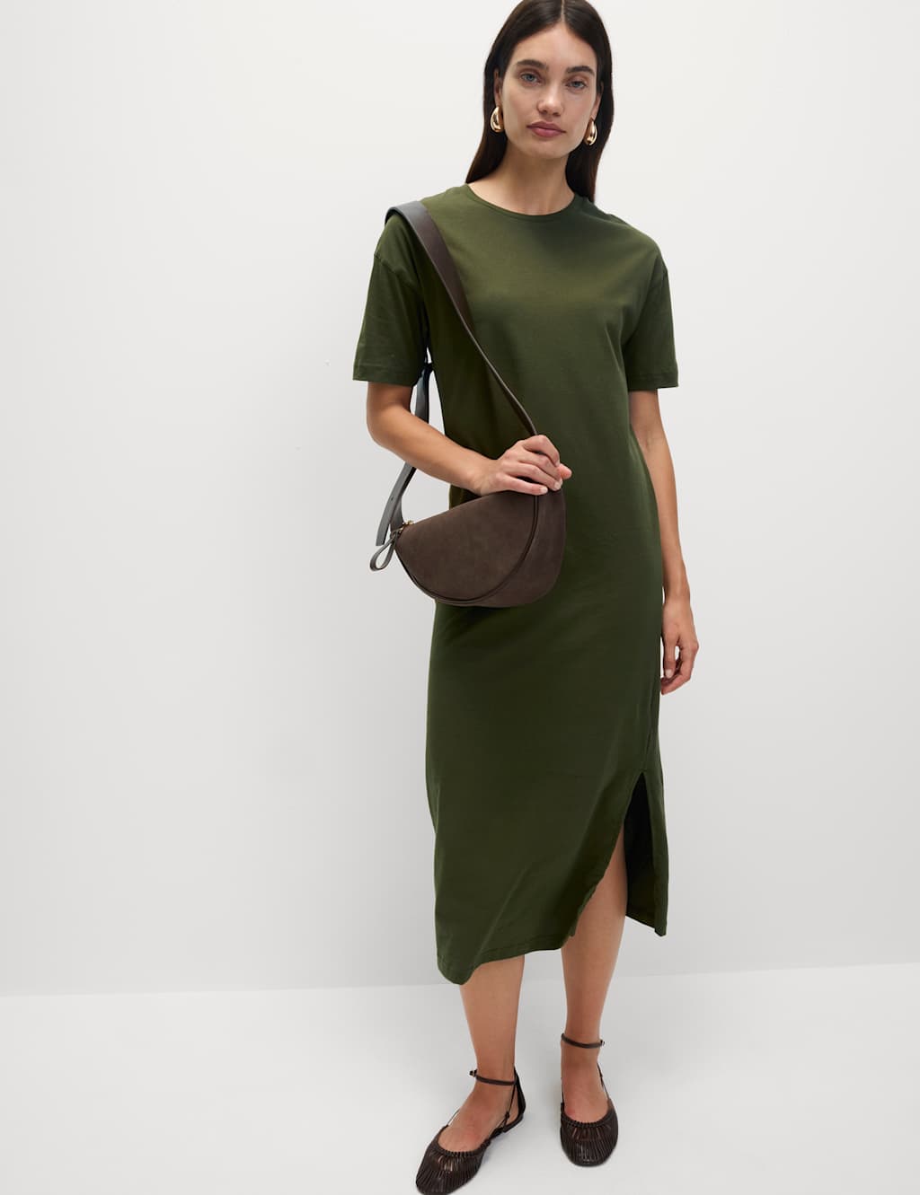M&S Pure Cotton Midi Relaxed T-Shirt Dress Khaki