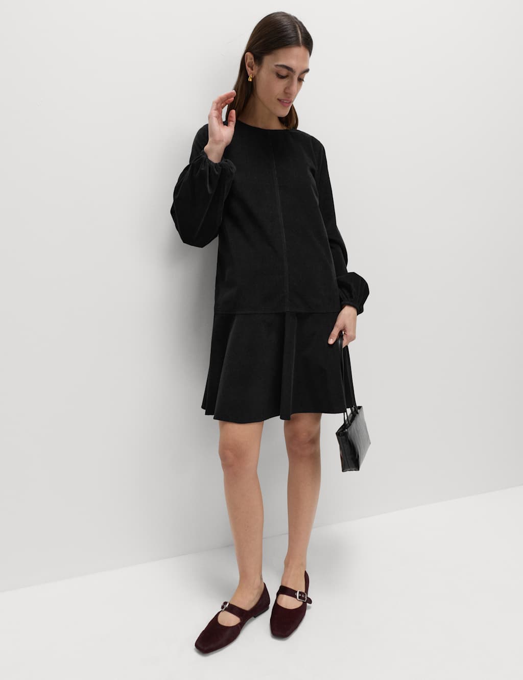 M&S Corduroy Round Neck Mini Drop Waist Dress Black
