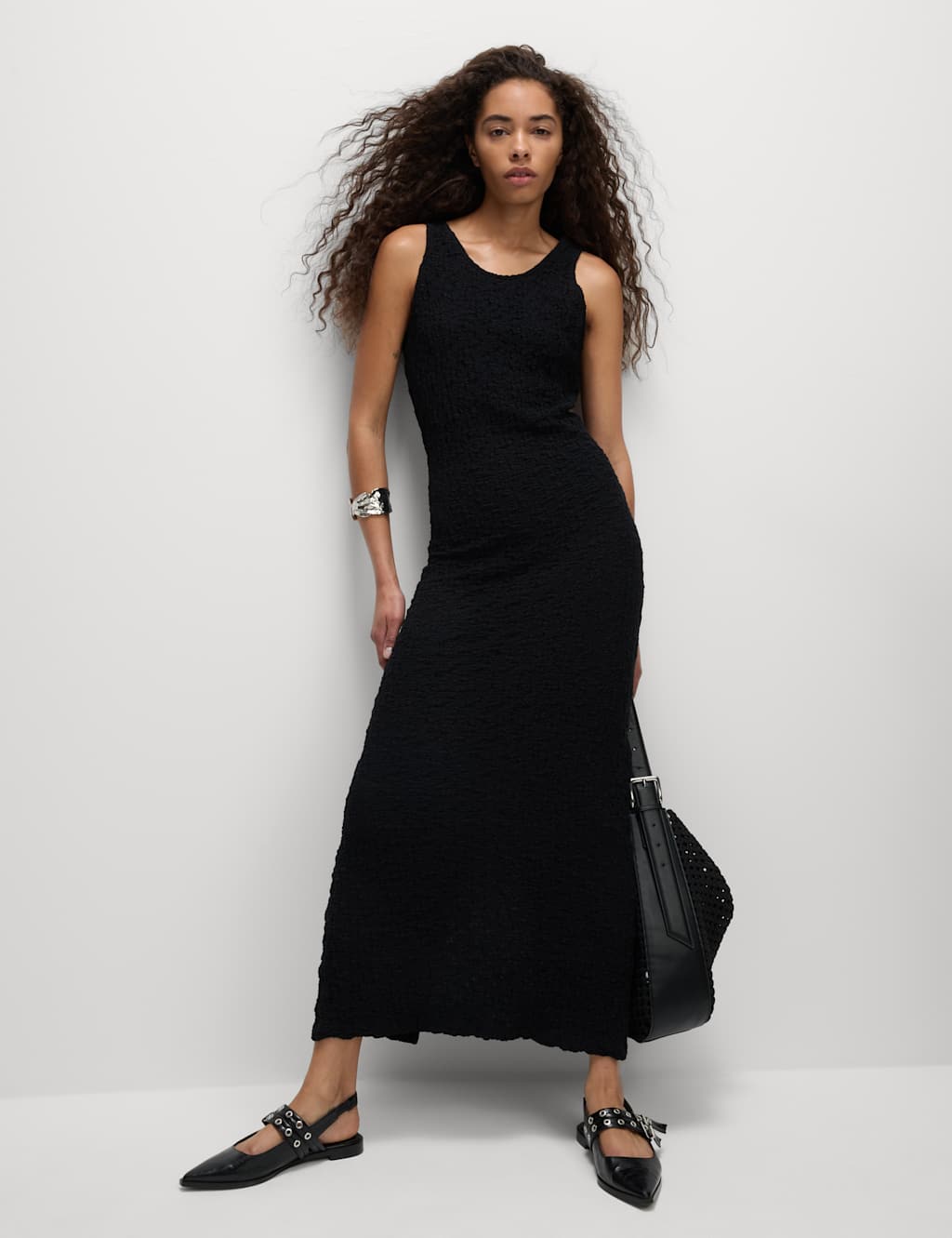 M&S Cotton Rich Jersey Textured Midi Column Dress Black