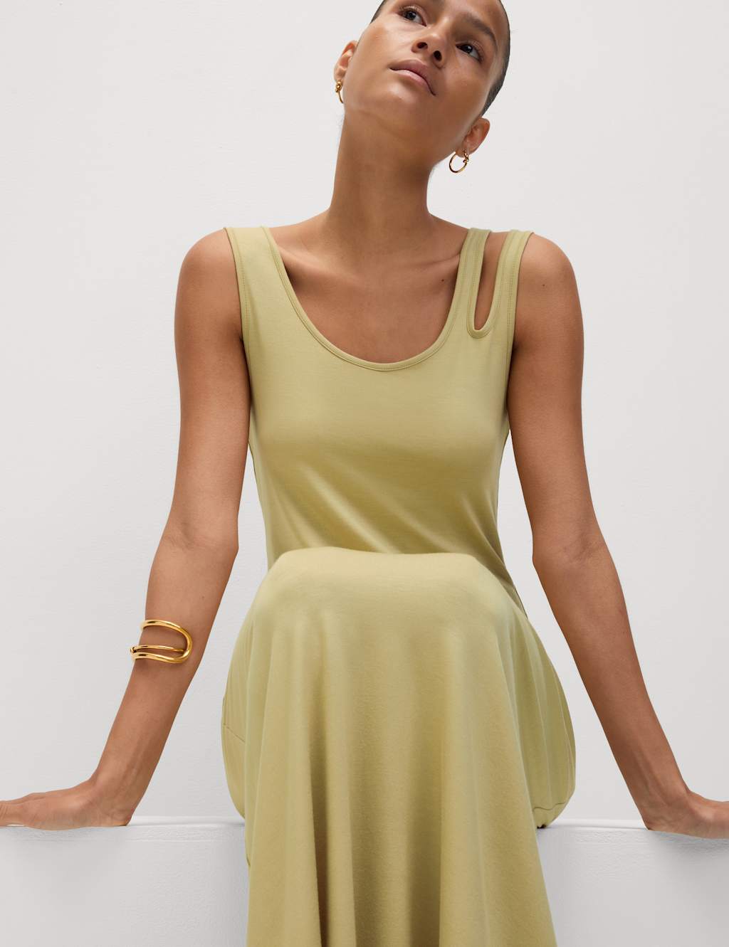 M&S Jersey Scoop Neck Midi Column Dress Light Olive