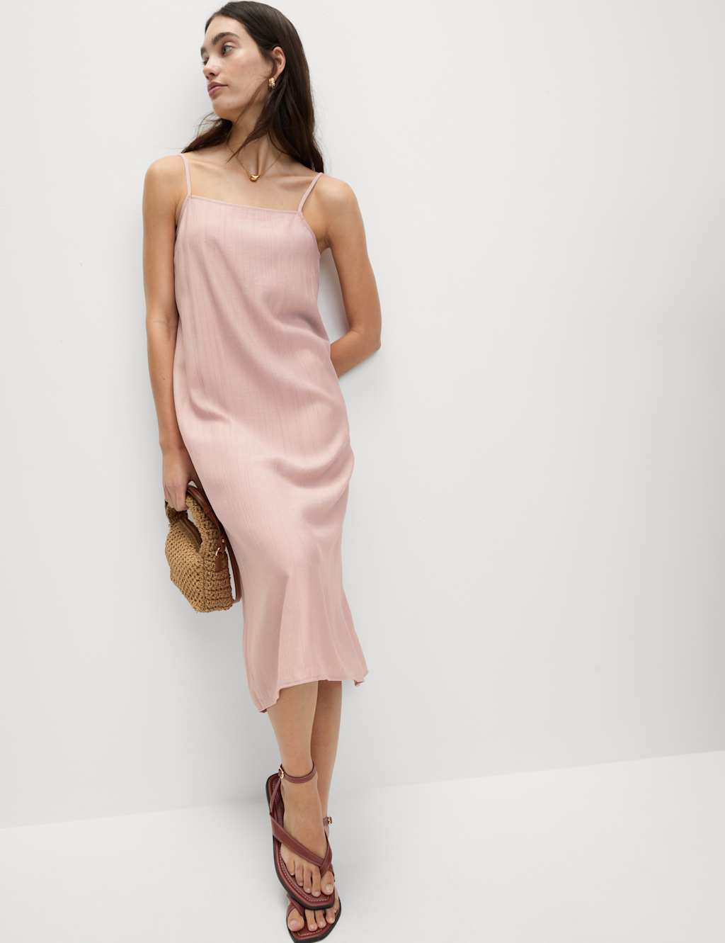Textured Strappy Midi Cami Relaxed Dress