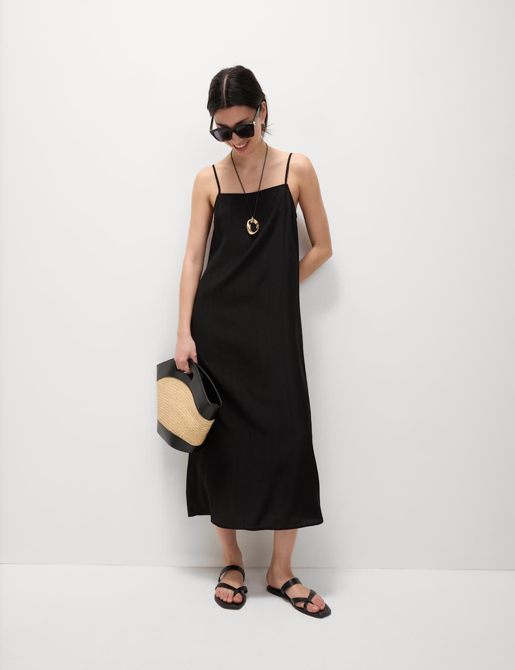 Textured Strappy Midi Cami Relaxed Dress
