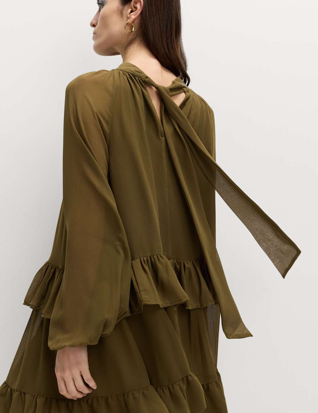 M&S Georgette Ruffle Mini Tiered Relaxed Dress Moss