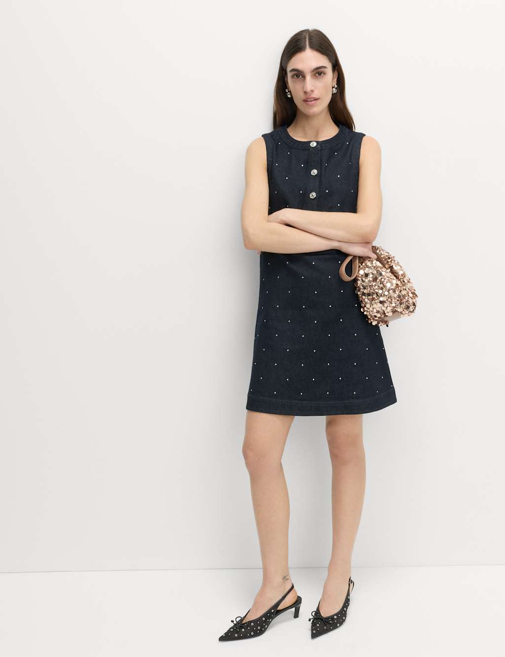 M&S Denim Embellished Mini Shift Dress Denim