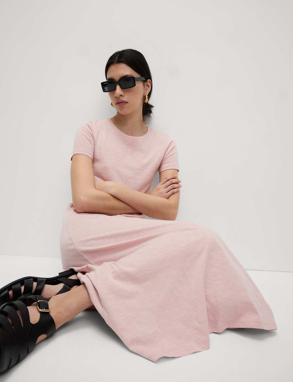 Pure Cotton Round Neck Midi T-Shirt Dress