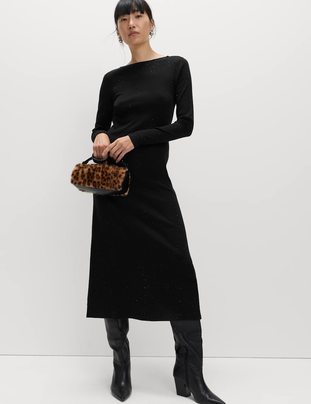 M&S Cotton Rich Jersey Sparkly Midi Column Dress Black