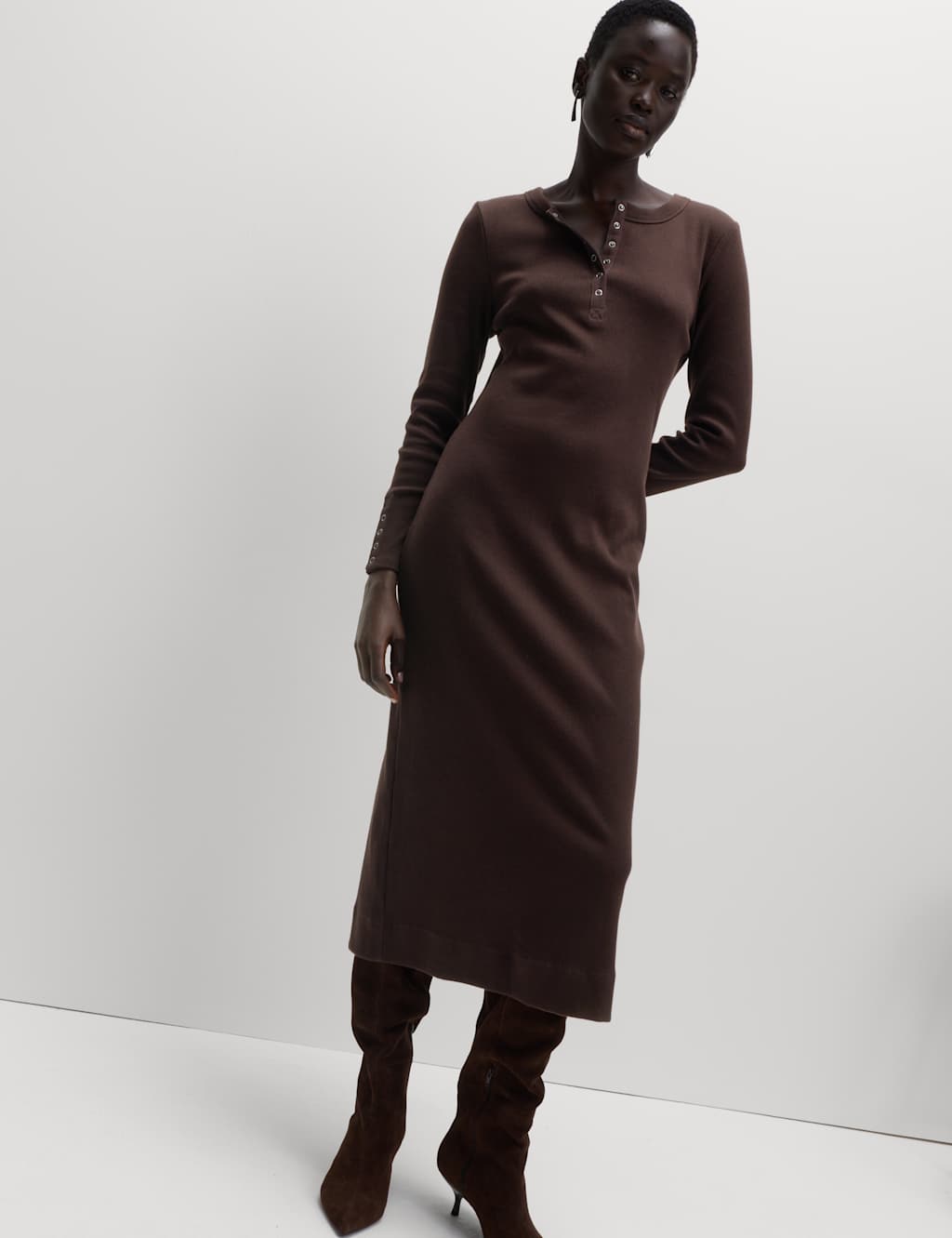 M&S Cotton Rich Jersey Ribbed Midi Column Dress Bitter Chocolate
