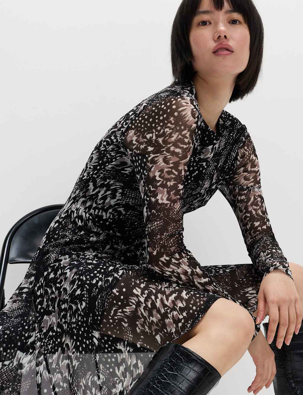 M&S Mesh Printed Mini Skater Dress Black Mix