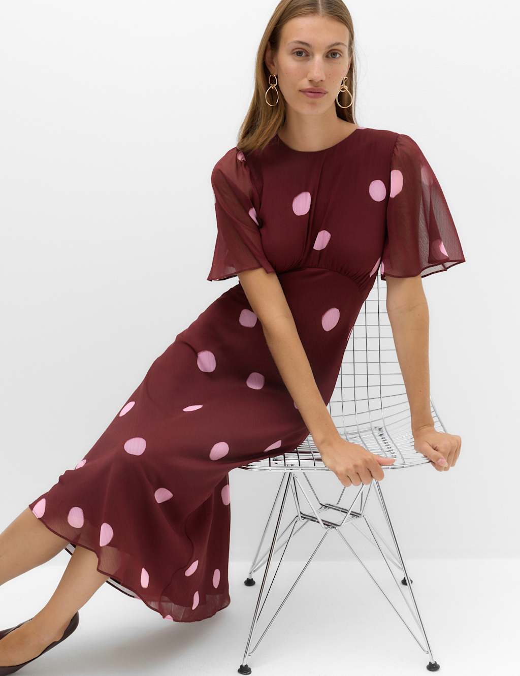 M&S Women's Chiffon Spot Print Midi Waisted Dress - 10 - Red Mix