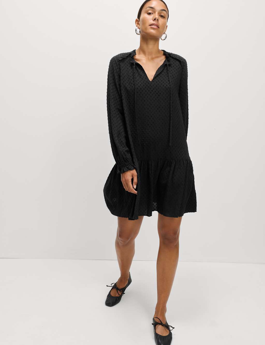 M&S Tie Neck Ruffle Mini Relaxed Dress Black