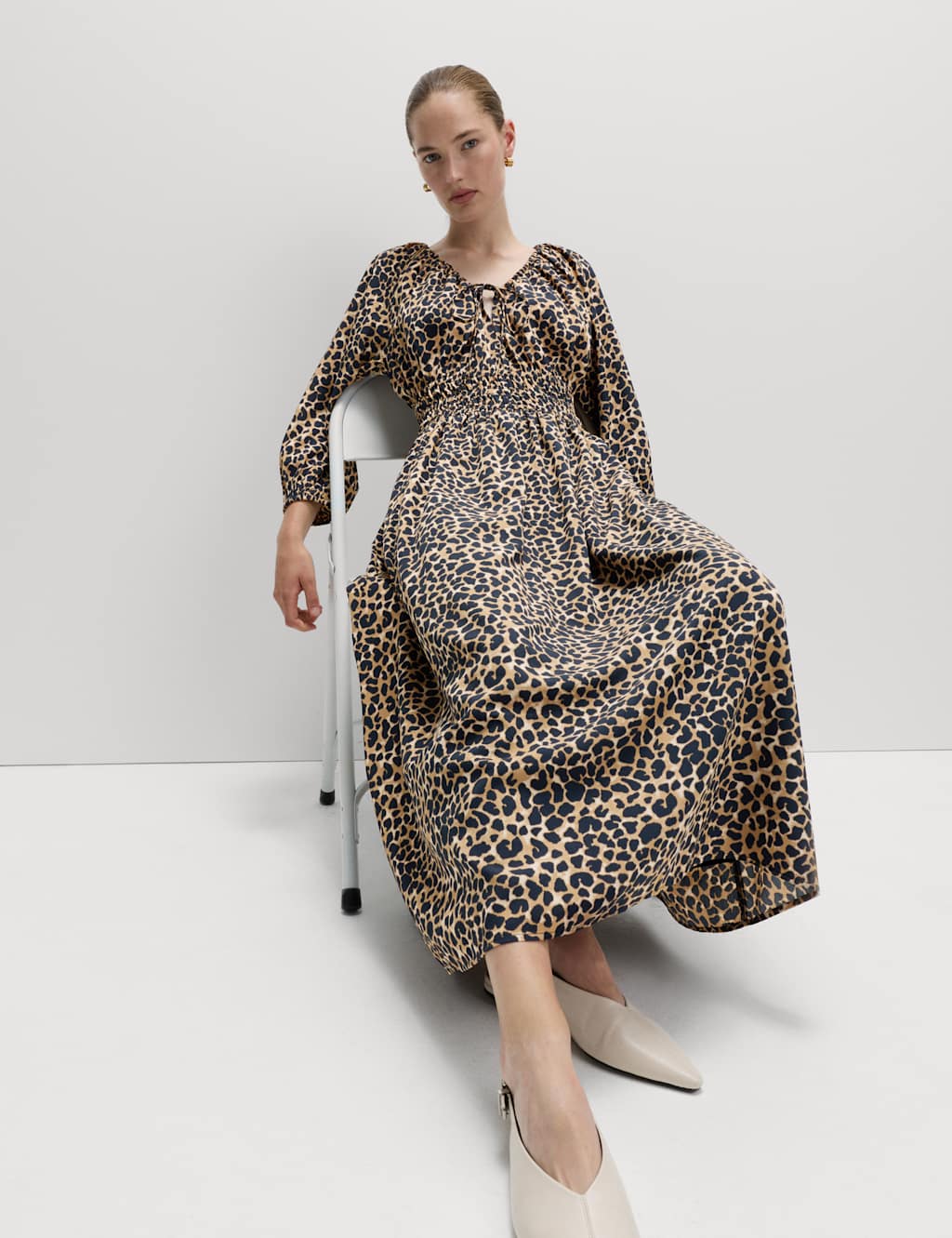 M&S Animal Print V-Neck Ruched Midi Waisted Dress Natural Mix