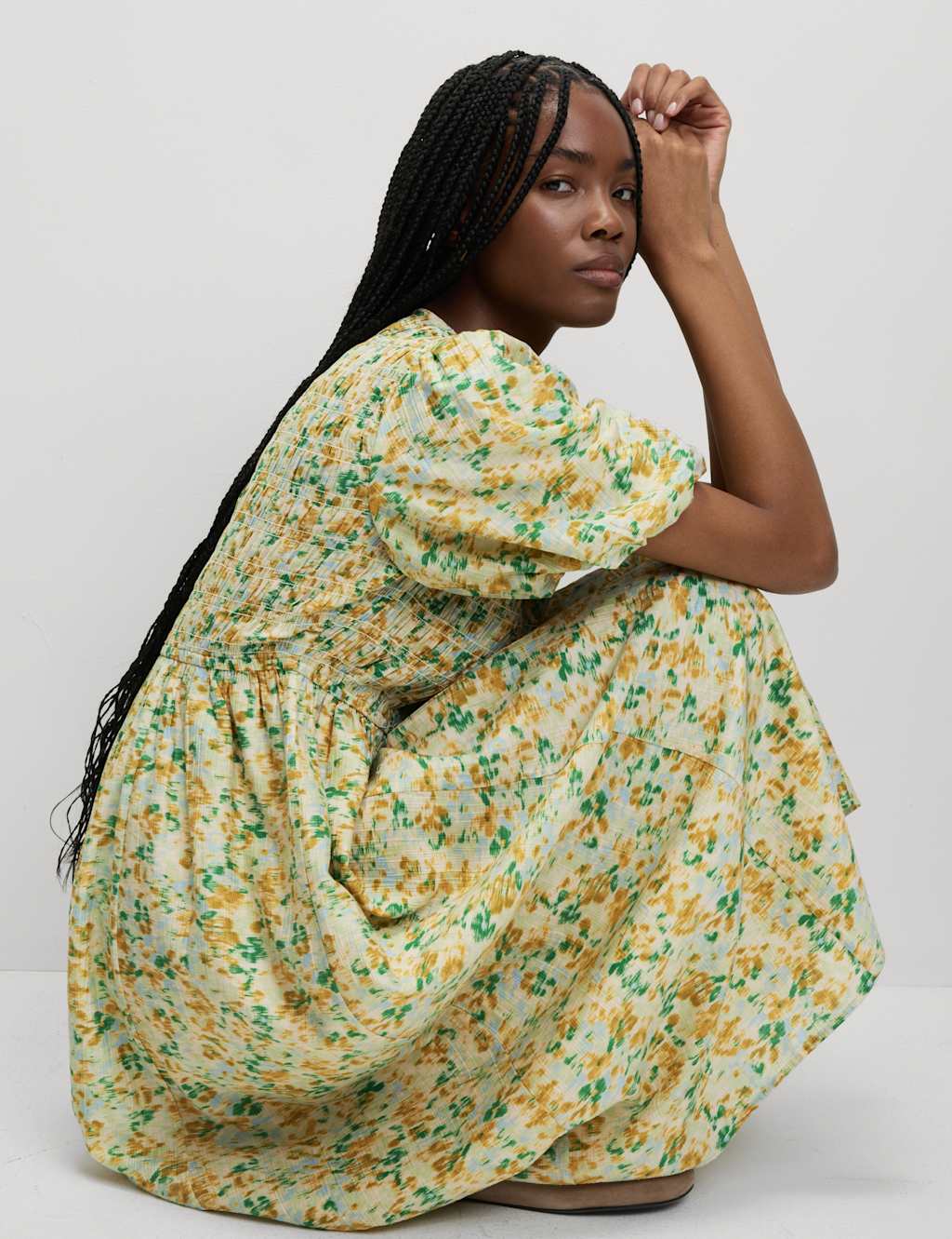 M&S Printed Shirred Midi Waisted Dress Yellow Mix