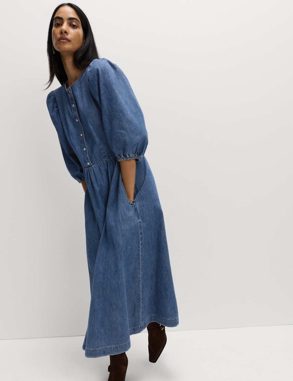 M&S Pure Cotton Denim Midi Waisted Dress Denim