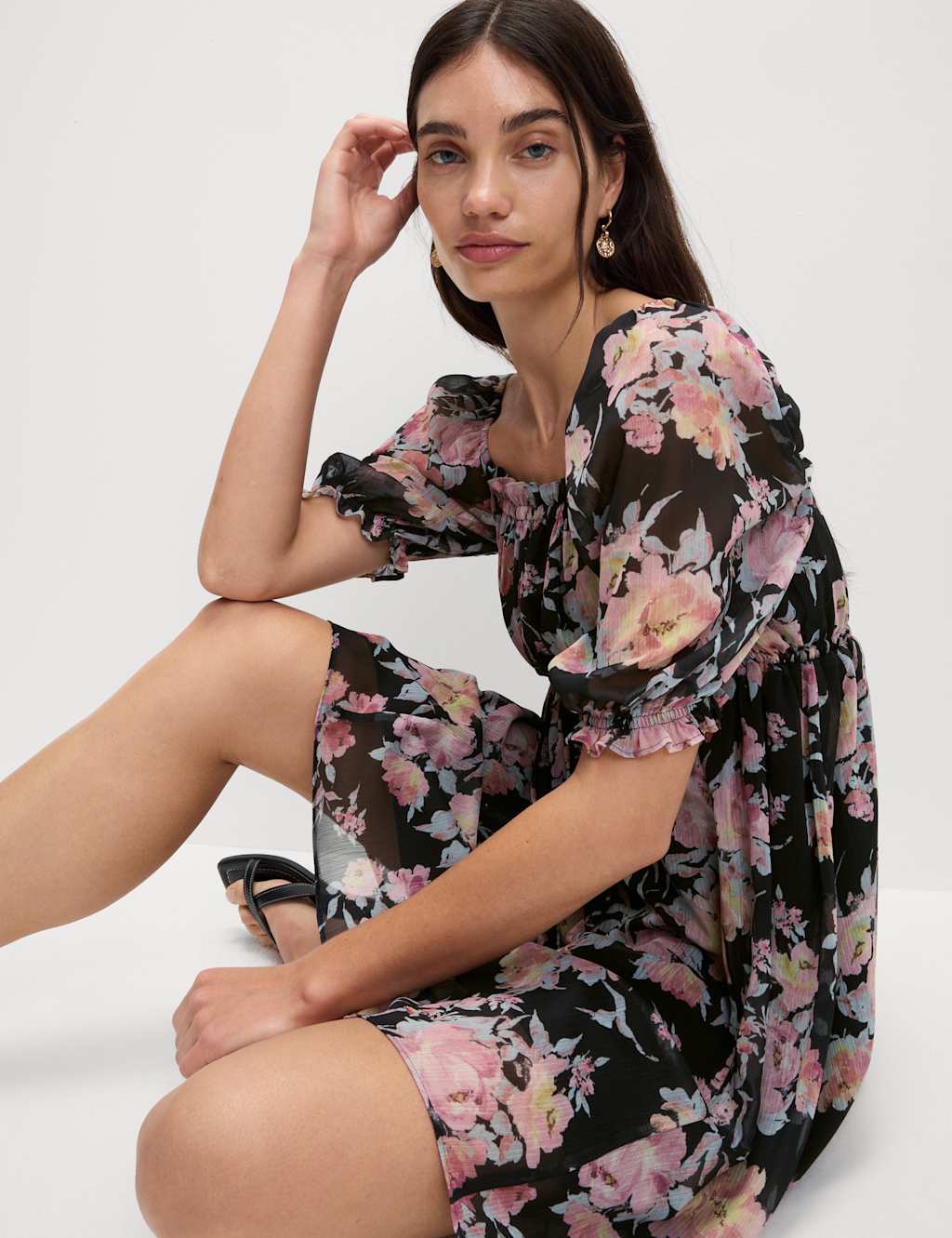 Printed Floral Square Neck Mini Waisted Dress