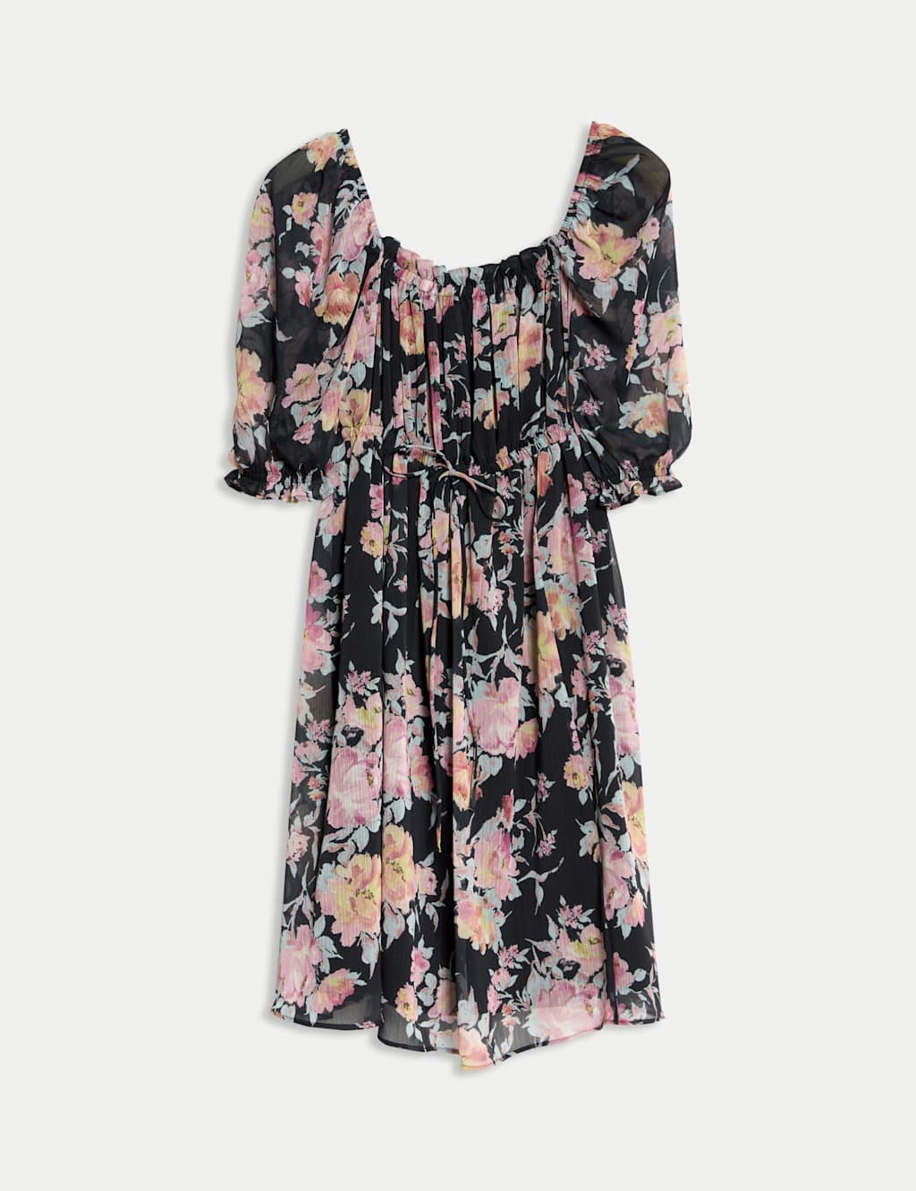 Printed Floral Square Neck Mini Waisted Dress