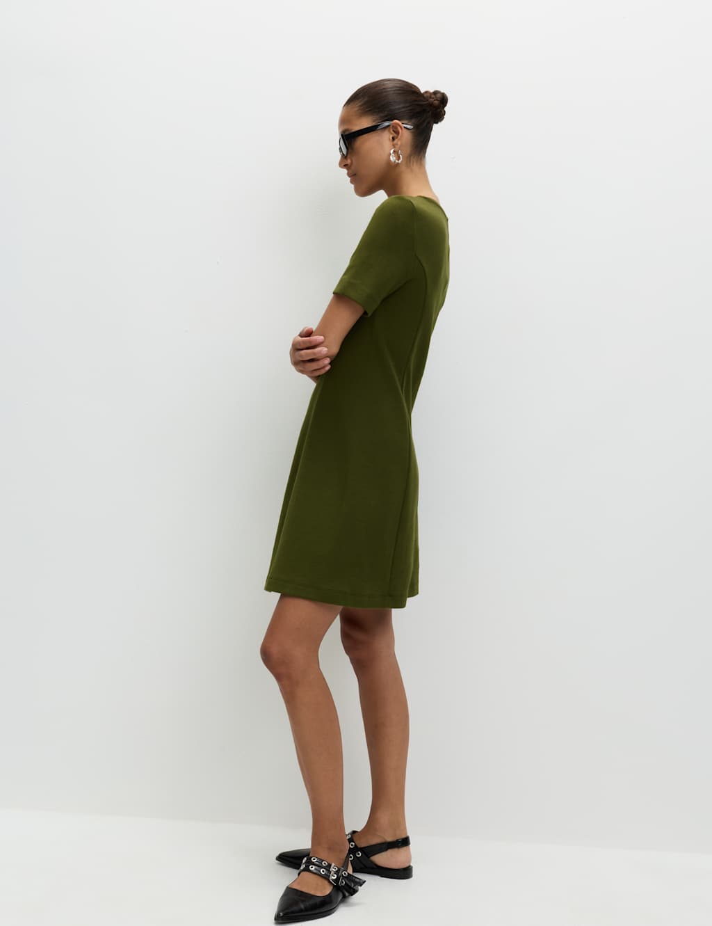 M&S Cotton Rich Jersey Mini Skater Dress Khaki