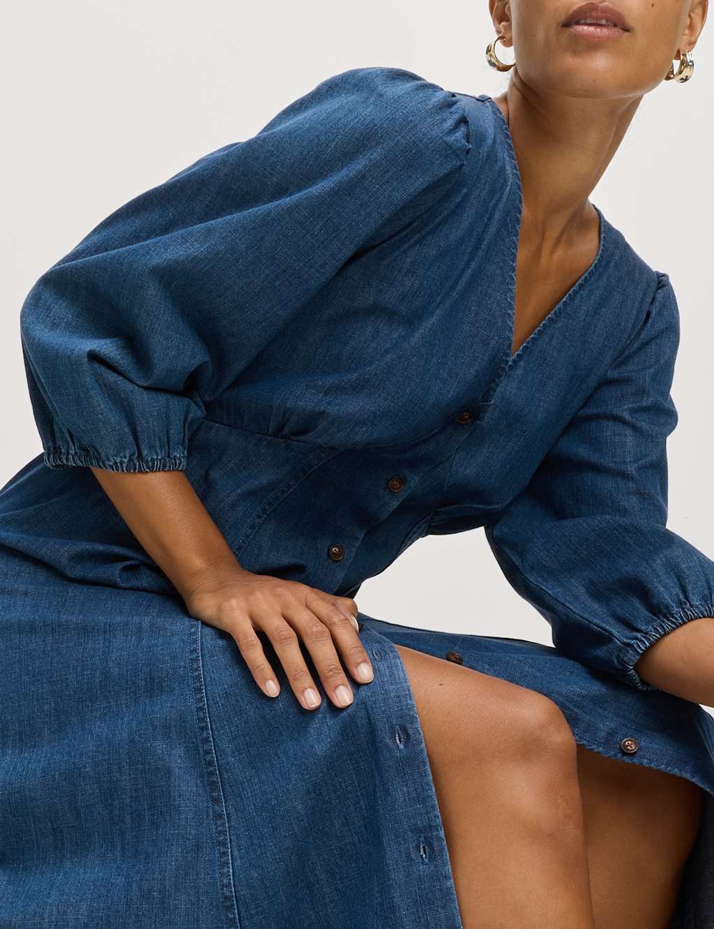 M&S Denim V-Neck Tie Waist Midi Tea Dress Denim